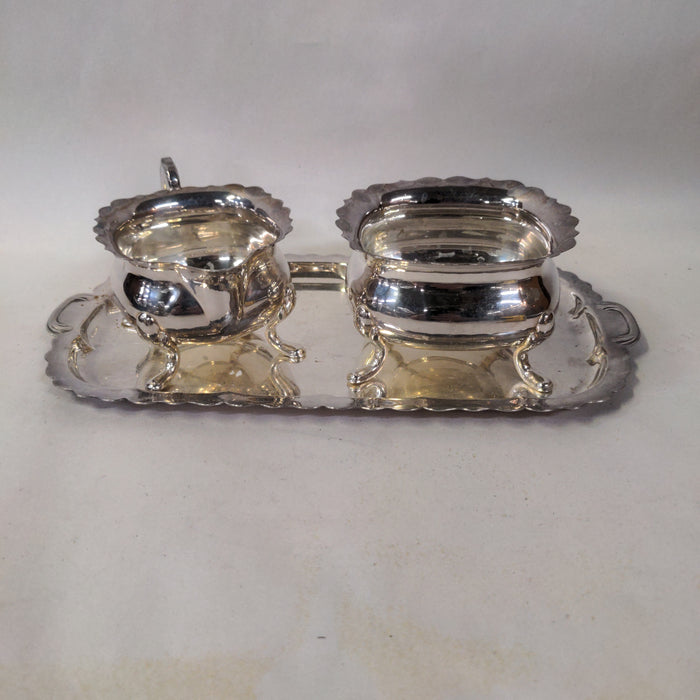SILVER PLATE CREAMER AND SUGAR ON TRAY