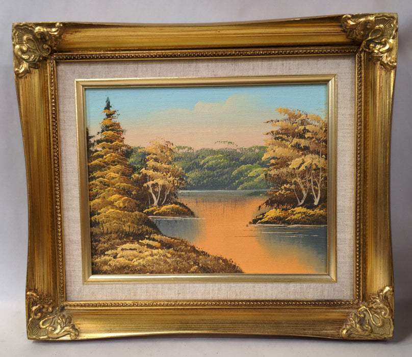 SMALL AUTUMN LAKE OIL PAINTING IN GOLD FRAME-ORANGE TONES