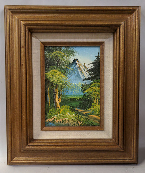 SMALL VERTICAL MOUNTAIN OIL PAINTING IN BROWN FRAME