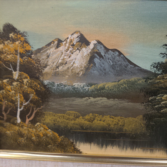 SNOW CAPPED MOUNTAIN OIL PAINTING IN GOLD FRAME