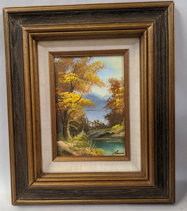 SMALL VERTICAL FOREST OIL PAINTING IN BROWN FRAME