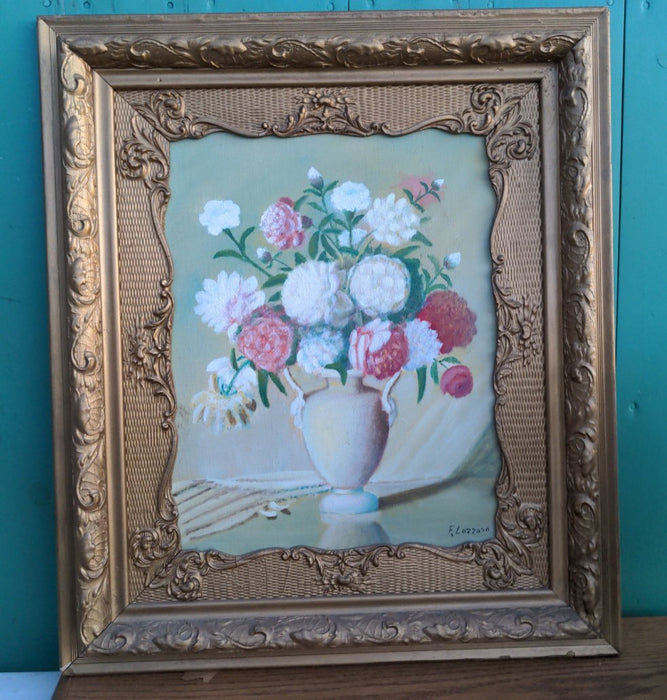 LARGE FLORAL STILL LIFE PAINTING IN ANTIQUE FRAME