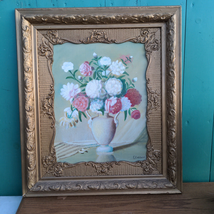 LARGE FLORAL STILL LIFE PAINTING IN ANTIQUE FRAME