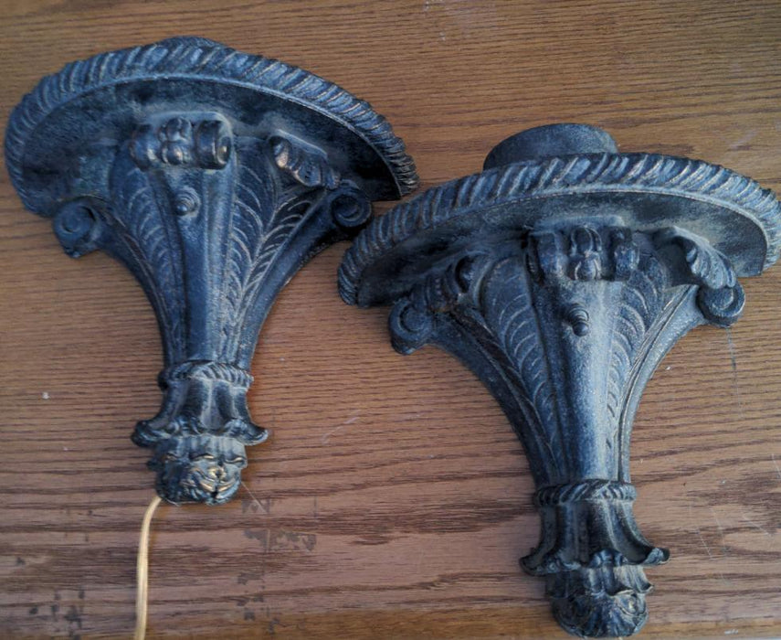 PAIR OF BLACK RESIN LIGHTED WALL SCONCES