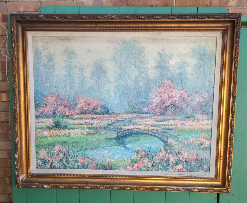 FRAMED LANDSCAPE GICLEE WITH PINK FLOWER TREES AS FOUND