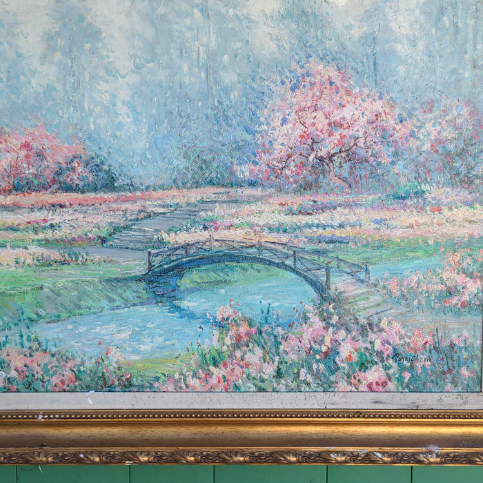 FRAMED LANDSCAPE GICLEE WITH PINK FLOWER TREES AS FOUND