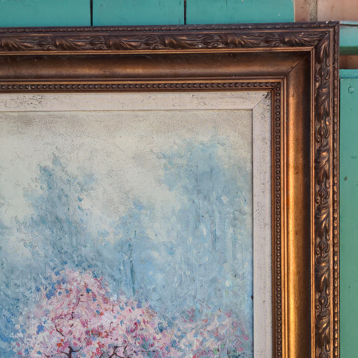 FRAMED LANDSCAPE GICLEE WITH PINK FLOWER TREES AS FOUND