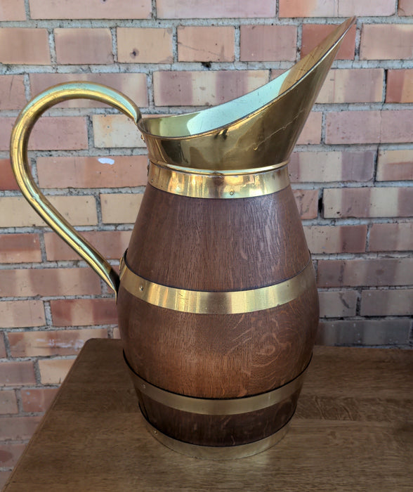 BRASS BANDED OAK PITCHER