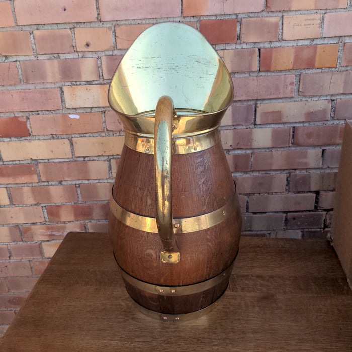 BRASS BANDED OAK PITCHER