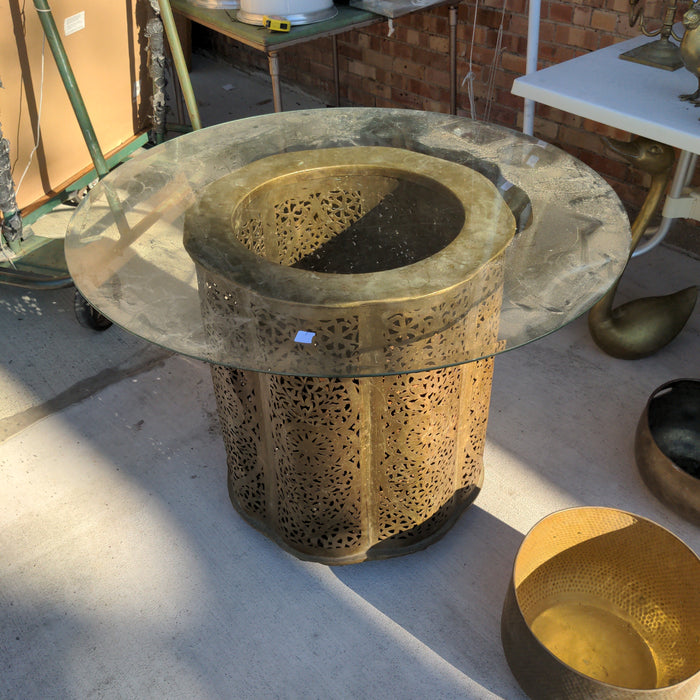 BRASS PEDESTAL GLASS TOP TABLE