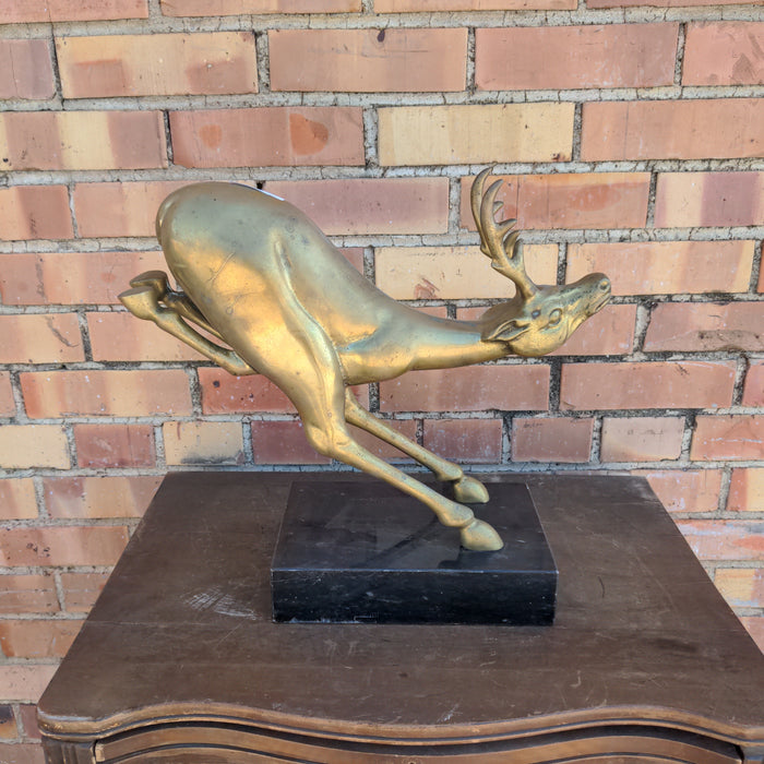 LARGE BRASS DEER ON MARBLE STAND