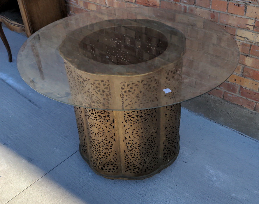 BRASS PEDESTAL GLASS TOP TABLE