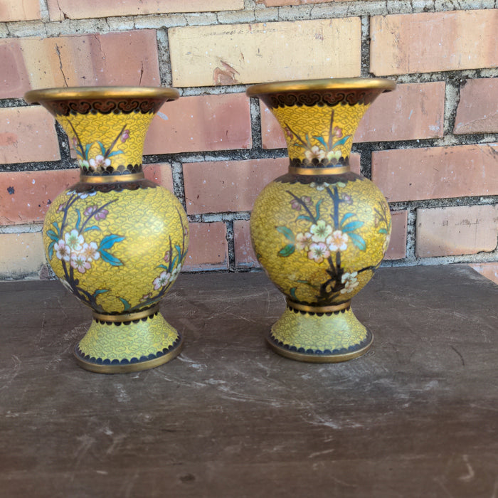 PAIR OF SMALL YELLOW CLOISONNIE VASES