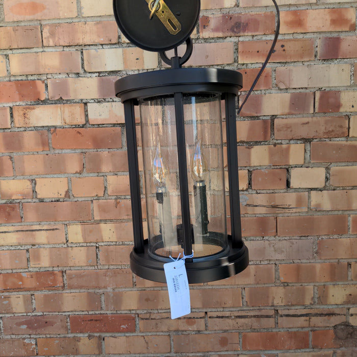 TWO LIGHT BLACK AND GLASS HANGING LANTERN