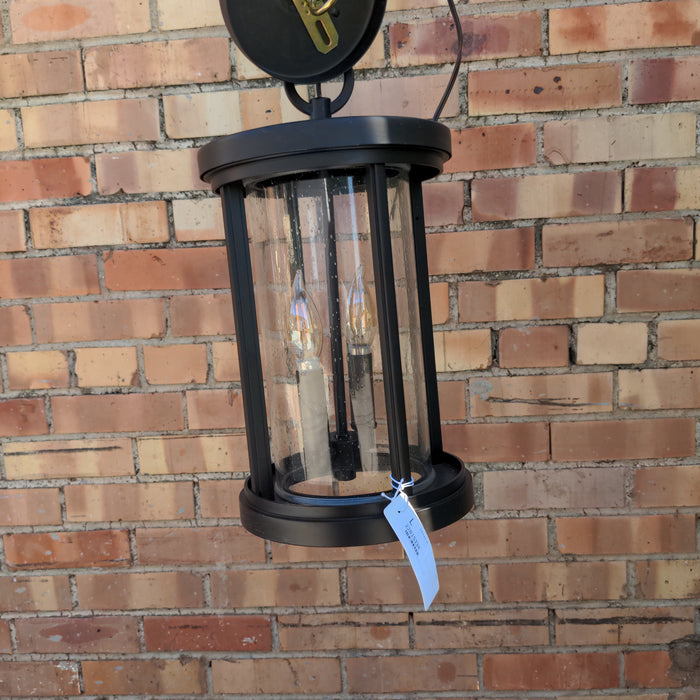 TWO LIGHT BLACK AND GLASS HANGING LANTERN