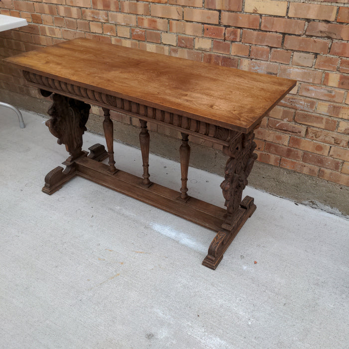 FRENCH CARVED OAK CONSOLE TABLE WITH LIONS AND CHERUBS