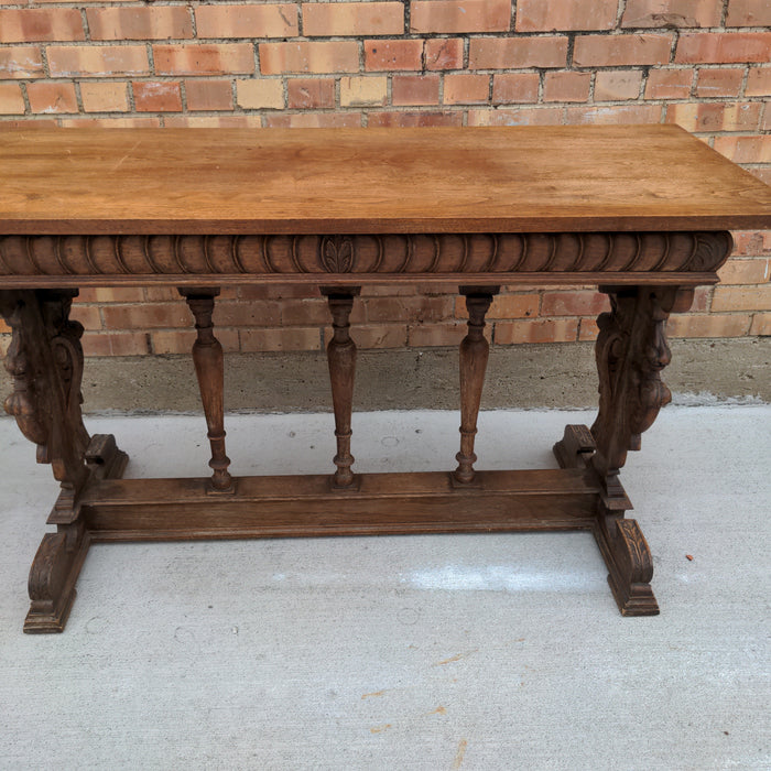 FRENCH CARVED OAK CONSOLE TABLE WITH LIONS AND CHERUBS