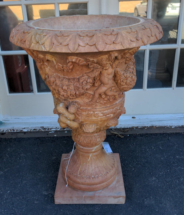 AS IS MARBLE URN WITH CARVED CHERUB