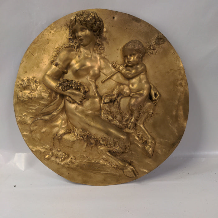 ROUND CAST BRONZE SIGNED PLAQUE WITH LADY SATYRESS AND CHILD
