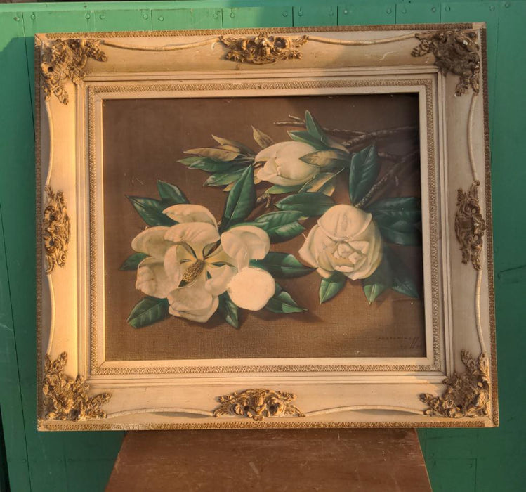 MAGNOLIA PRINT IN WHITE CARVED WOOD FRAME