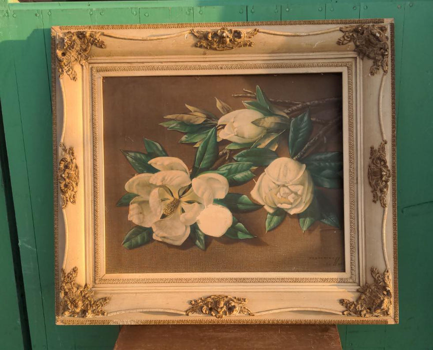 MAGNOLIA PRINT IN WHITE CARVED WOOD FRAME