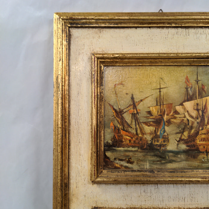 SMALL FLORENTINE GILT MIRROR WITH HARBOR PAINTING