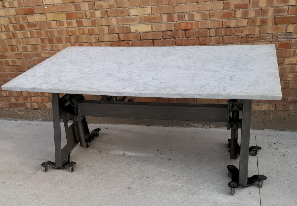 CAST IRON BASE INDUSTRIAL TABLE WITH CARRERA MARBLE TOP