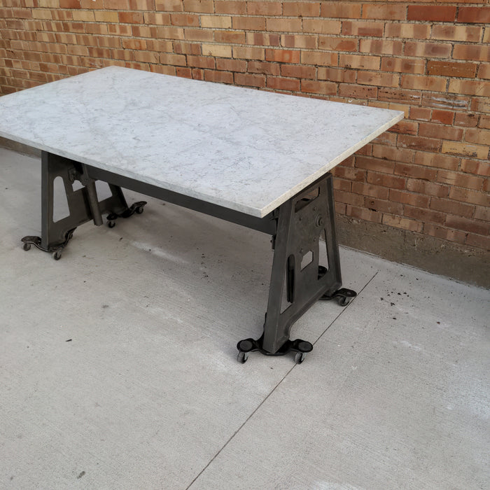 CAST IRON BASE INDUSTRIAL TABLE WITH CARRERA MARBLE TOP