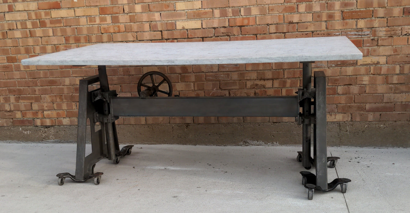 CAST IRON BASE INDUSTRIAL TABLE WITH CARRERA MARBLE TOP