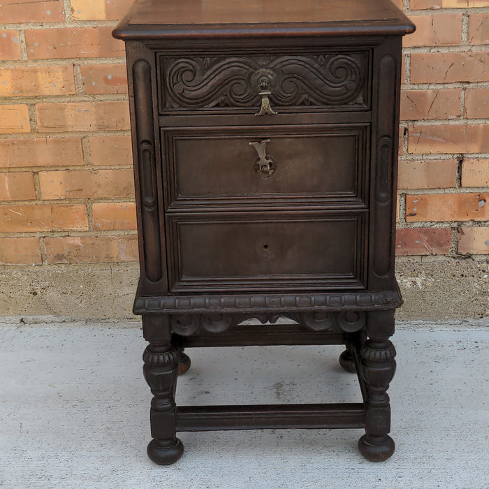 SMALL THREE DRAWER ENGLISH OAK NIGHTSTAND AS FOUND