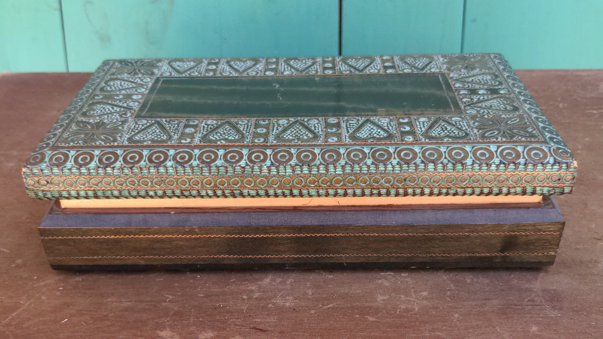 CARVED INLAID WOODEN BOX, VERDIGRIS COLORED