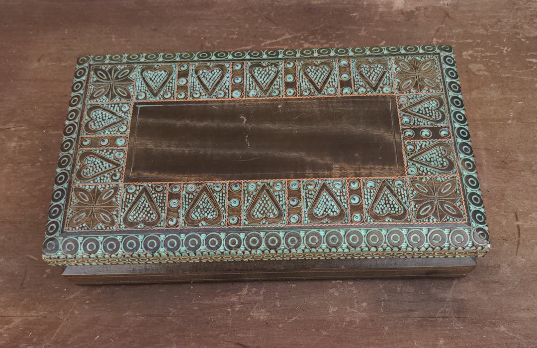 CARVED INLAID WOODEN BOX, VERDIGRIS COLORED