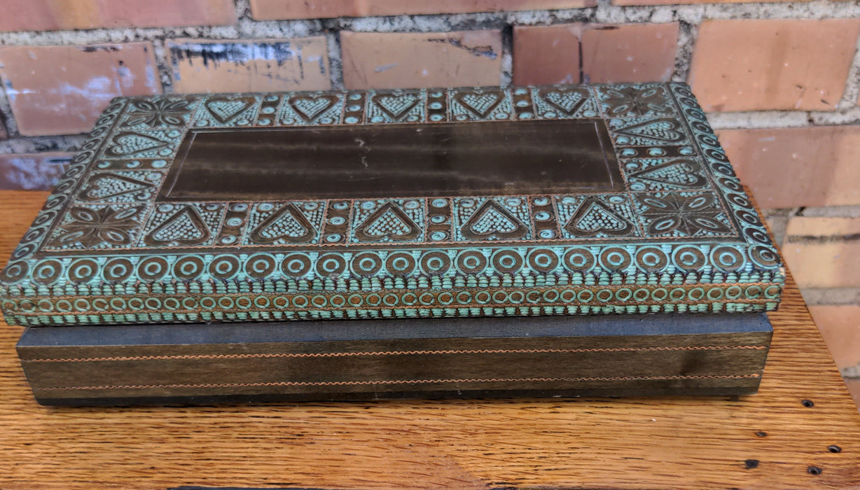 CARVED INLAID WOODEN BOX, VERDIGRIS COLORED