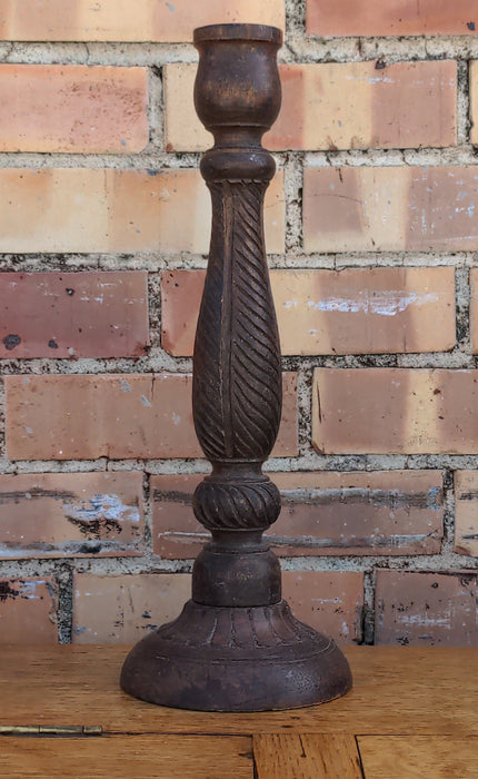 SINGLE INDONESIAN CARVED WOODEN CANDLESTICK