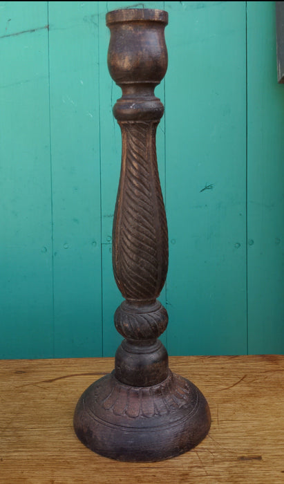 SINGLE INDONESIAN CARVED WOODEN CANDLESTICK