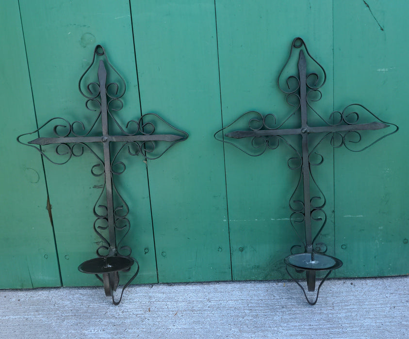 PAIR OF WROUGHT METAL CROSS CANDLE SCONCES