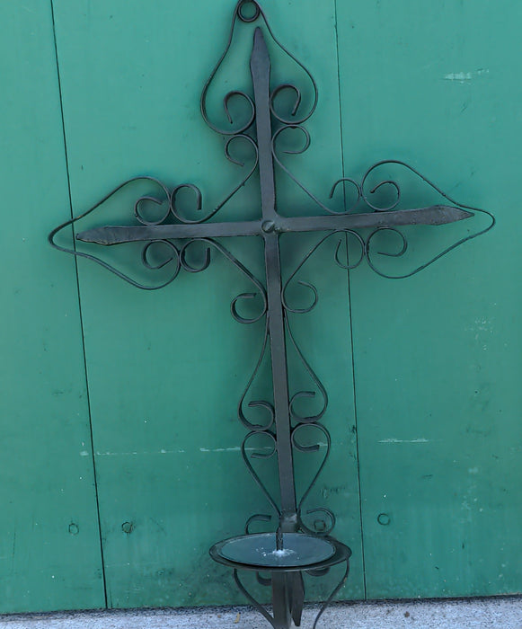 PAIR OF WROUGHT METAL CROSS CANDLE SCONCES