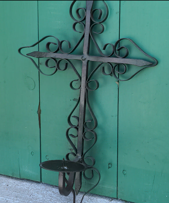 PAIR OF WROUGHT METAL CROSS CANDLE SCONCES