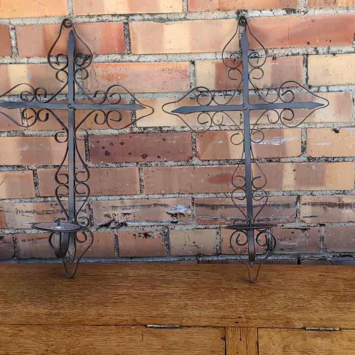 PAIR OF WROUGHT METAL CROSS CANDLE SCONCES