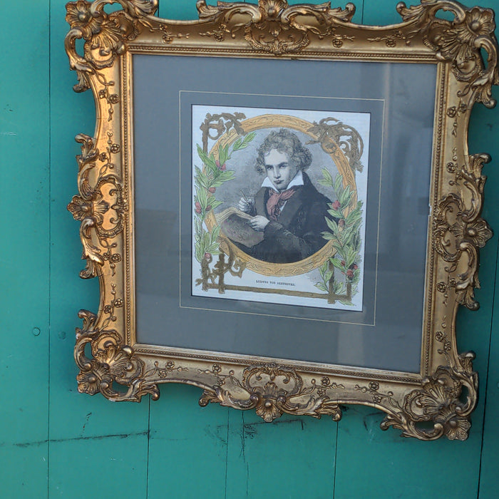 VERY ORNATE ANTIQUE GILT FRAMED PORTRAIT OF LUDWIG VAN BEETHOVEN