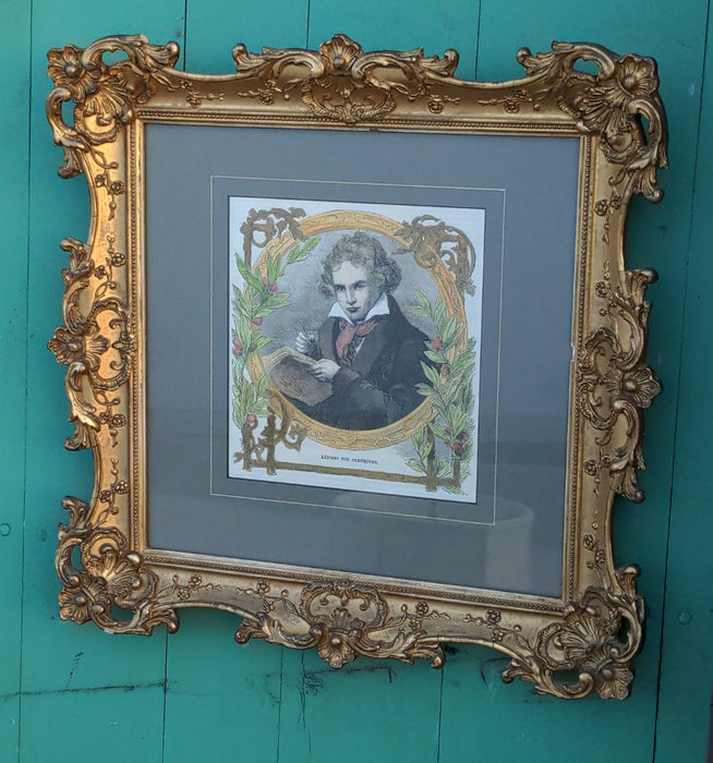 VERY ORNATE ANTIQUE GILT FRAMED PORTRAIT OF LUDWIG VAN BEETHOVEN