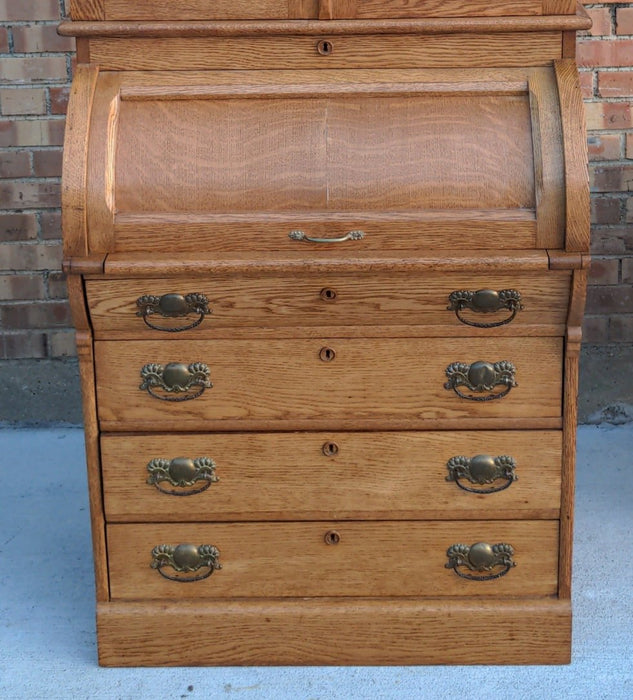 SMALL AMERICAN OAK CHEST WITH ROLL TOP DESK AND BOOKCASE