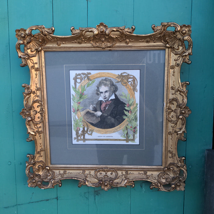 VERY ORNATE ANTIQUE GILT FRAMED PORTRAIT OF LUDWIG VAN BEETHOVEN