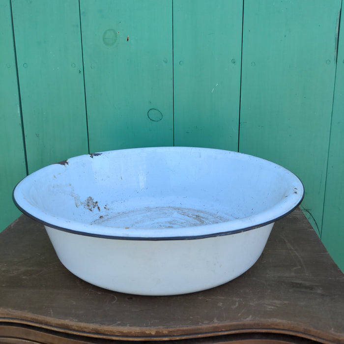 LARGE WHITE ENAMELED BASIN WITH BLACK TRIM