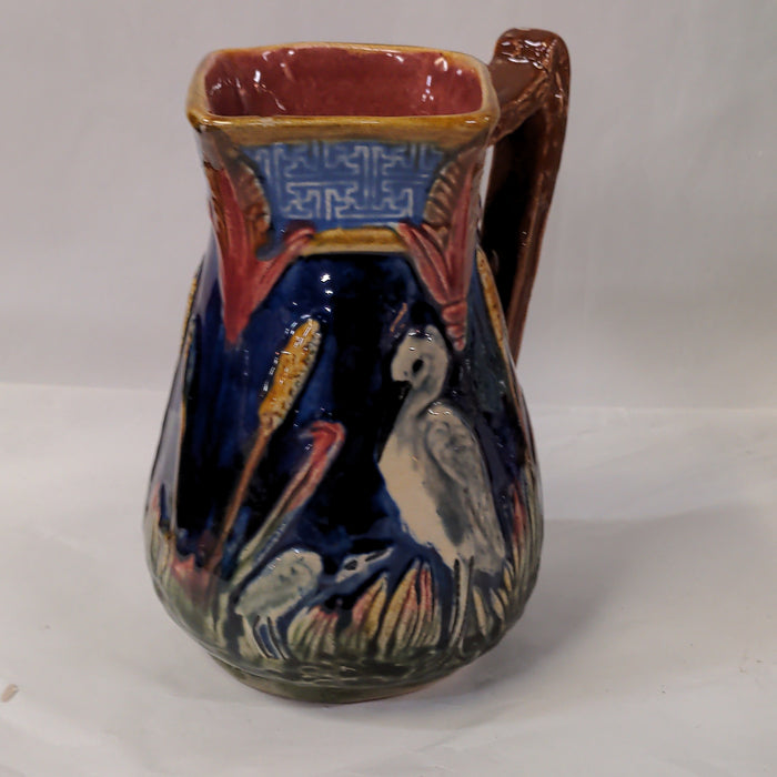 SMALL MAJOLICA PITCHER WITH CRANE