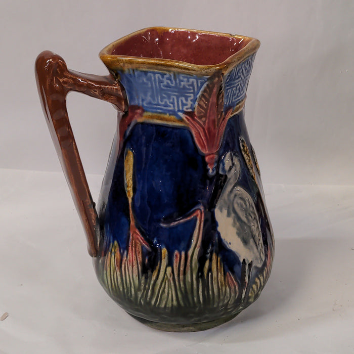 SMALL MAJOLICA PITCHER WITH CRANE