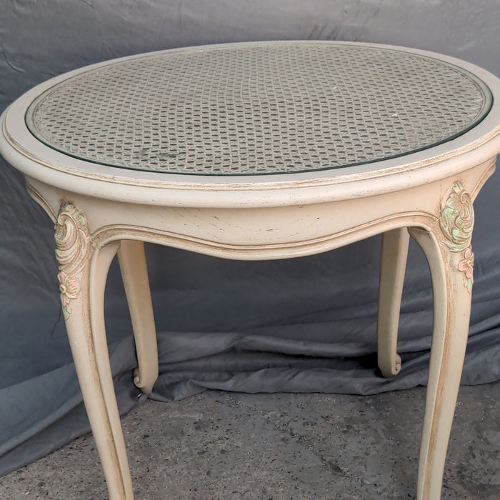 LOUIS XV ROUND CANE TOP LAMP TABLE, PAINTED