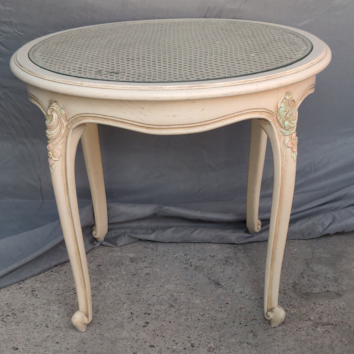 LOUIS XV ROUND CANE TOP LAMP TABLE, PAINTED