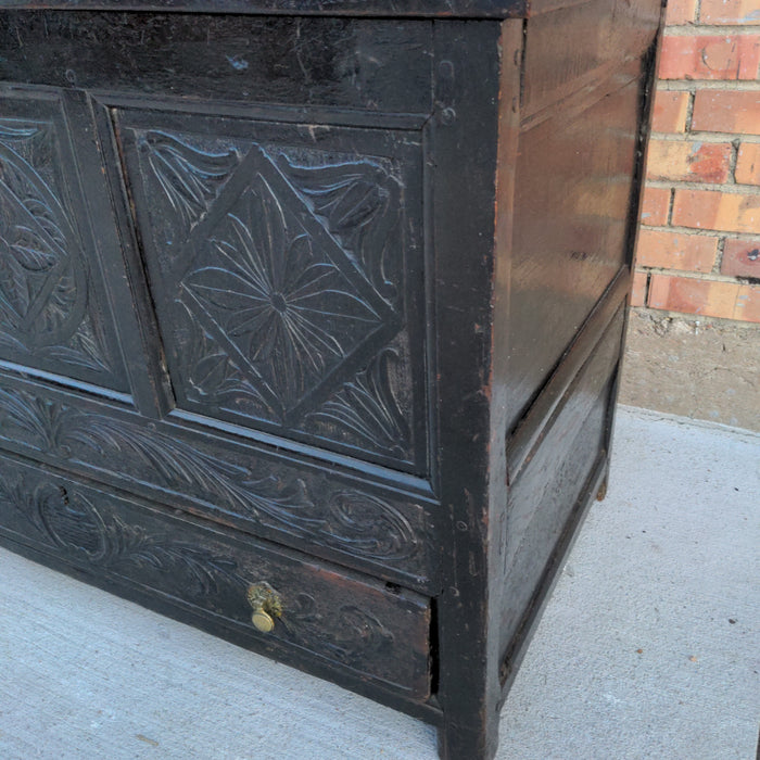 EARLY ENGLISH CARVED OAK TRUNK WITH DRAWER