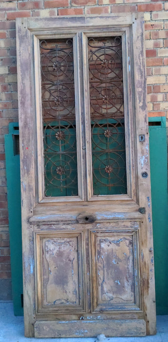 LARGE FRENCH PINE HOUSE DOOR WITH IRON INSET
